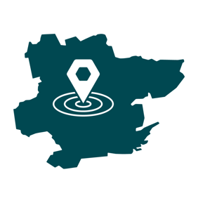 A dark green graphic style icon of the outlined of Essex county with a pinpoint shape in the middle with rings around the point of the pin point as if showing a location