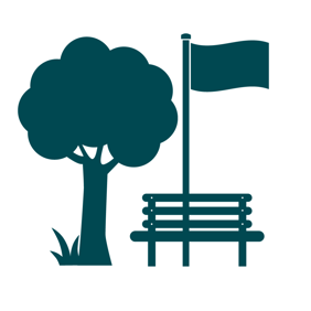 A green graphic style icon showing a tree on the left side with a bench next to the tree on the right with a flag pole and flag positioned behind the bench again on the right side of the tree