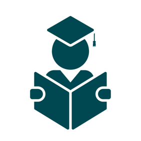 A green graphic style icon showing a person with a mortar board on their head, reading a book.