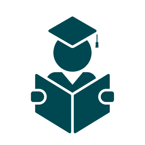 A green graphic style icon showing a person with a mortar board on their head, reading a book.