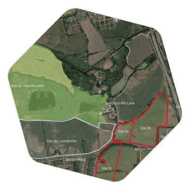 An aerial shot of East Chelmsford showing the separation of different fields and areas named into different sites, for example site 3c