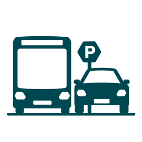 A dark green graphic style icon of a bus parallel to a car with a parking sign above the car to indicate that it is a "Park and Ride" facility 