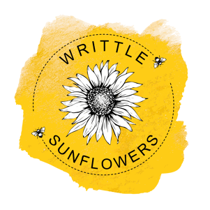 Writtle Sunflowers logo. A yellow circular shape with a dotted black circle design embedded onto the yellow shape that has bumble bees situated at the end of each half circle dotted line. A sunflower sits in the middle of this logo.