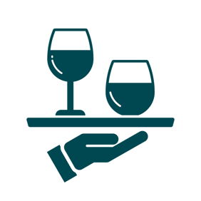Graphic style hand holding a tray with a glass and bottle of liquid atop the tray