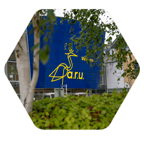A large blue building on the Anglia Ruskin University estate, the building is in the middle of the picture with blurred plants outlining the image