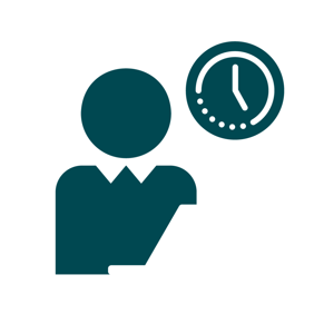 A green graphic style icon of a person with a clock icon above their head to the right