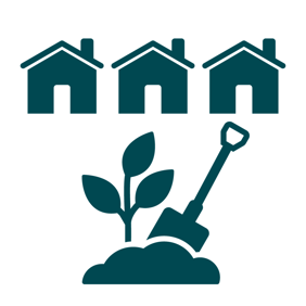 A green graphic style icon with 3 houses side by side in the background, with a spade stuck into a pile of mud in the foreground