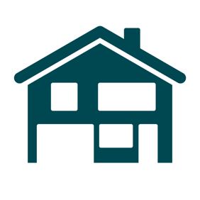 A dark green graphic style icon of a detached house 